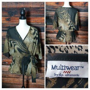 Multiwear Top 2X VTG Peplum Flutter Sleeve Tie Plunge Neck Cheetah Canada Made